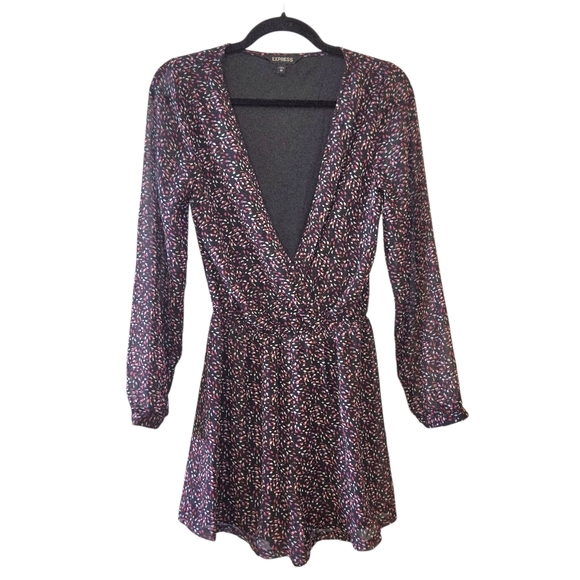 Express Pants - Express Long Sleeve V-Neck Mini Romper - Pink/White Speckled - XS